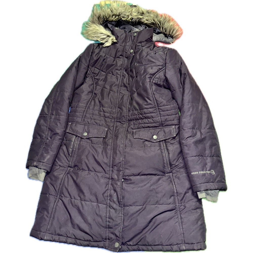 Free Country Jacket Womens Small Purple Long Removable Hood Faux Fur Trim Petite